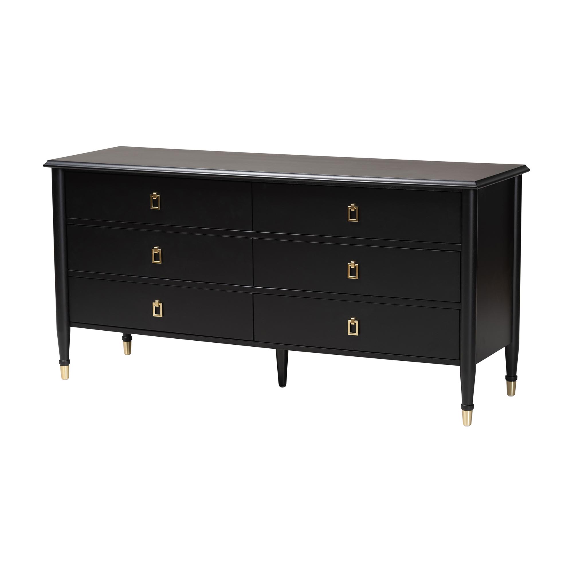 Baxton Studio Tamra Black Wood Dresser with Drawers - Bedroom Storage Unit with Metallic Accents, 6-Drawer Modern Transitional Bedroom Storage Solution Affordable modern furniture in Chicago, classic bedroom furniture, modern dresser, cheap dresser